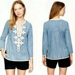 J Crew Chambray Shirt Embroidered Tunic Soutache Embroidery- Size 6 EUC